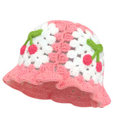 Add a touch of granny-chic sweetness to your wardrobe with our handcrafted crocheted bucket hat! This delightful pink accessory features adorable cherry details, perfectly blending vintage charm with kawaii style. This is a snug fit of a classic bucket hat silhouette with a bit of ruffled edges!